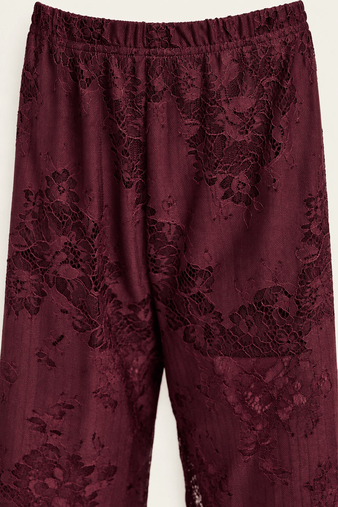 Burgundy Satin Lace Pants Set styled view with gold jewelry, a fall date-night look