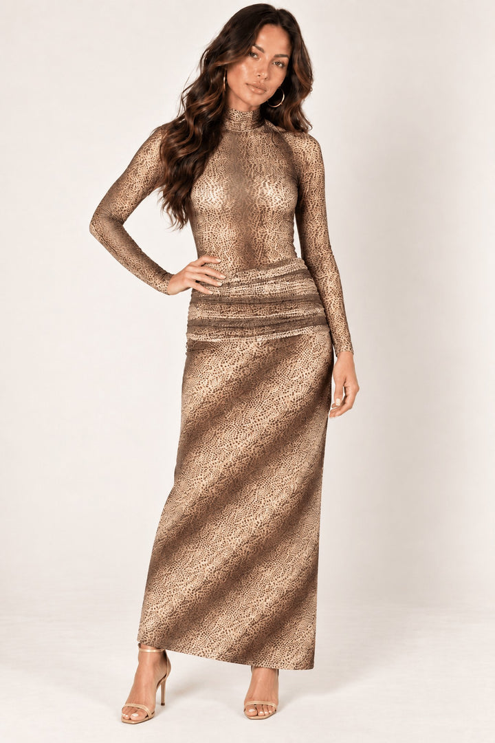 Brown Animal Print Skirt Set styled on a model, a fall outfit idea