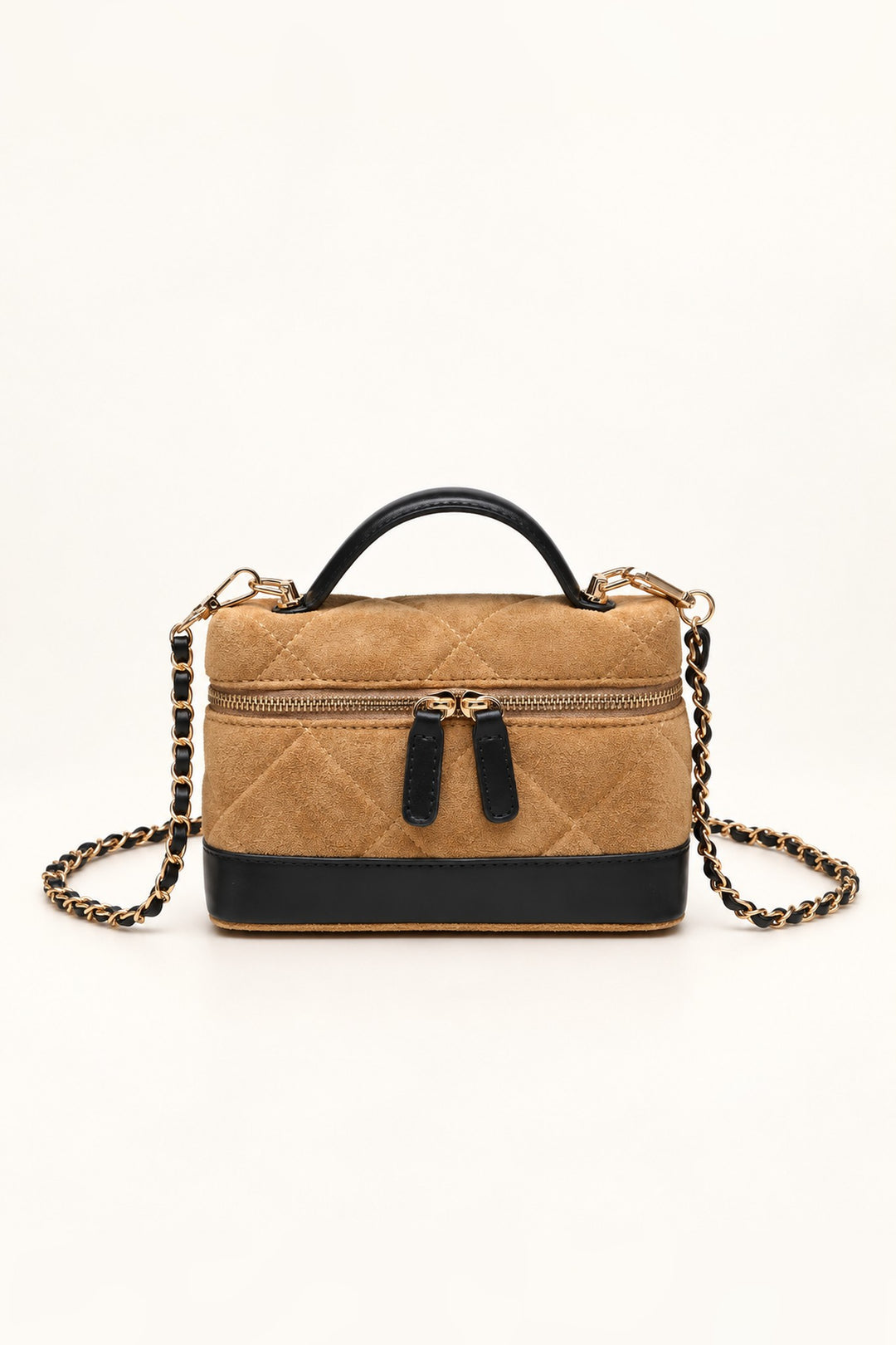 Natural tan quilted Novalee crossbody with black contrast trim and gold zip