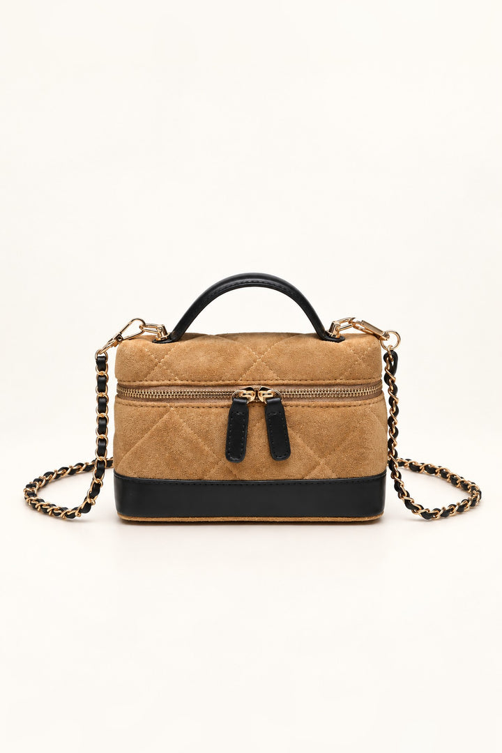 Natural tan quilted Novalee crossbody with black contrast trim and gold zip