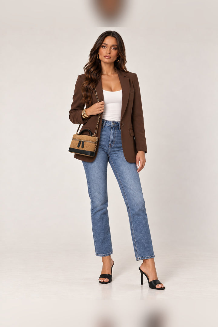 Natural tan Novalee quilted crossbody styled with a full-length outfit