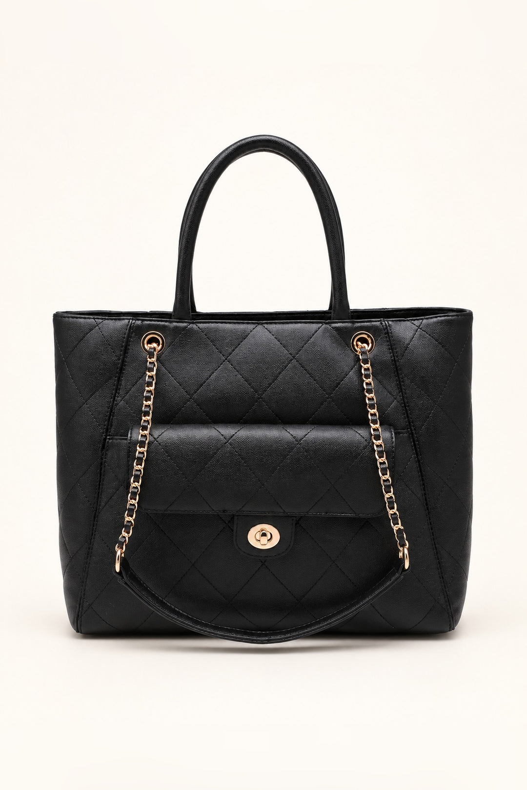 Black diamond-quilted Hank tote with gold turn-lock flap pocket and rolled top handles