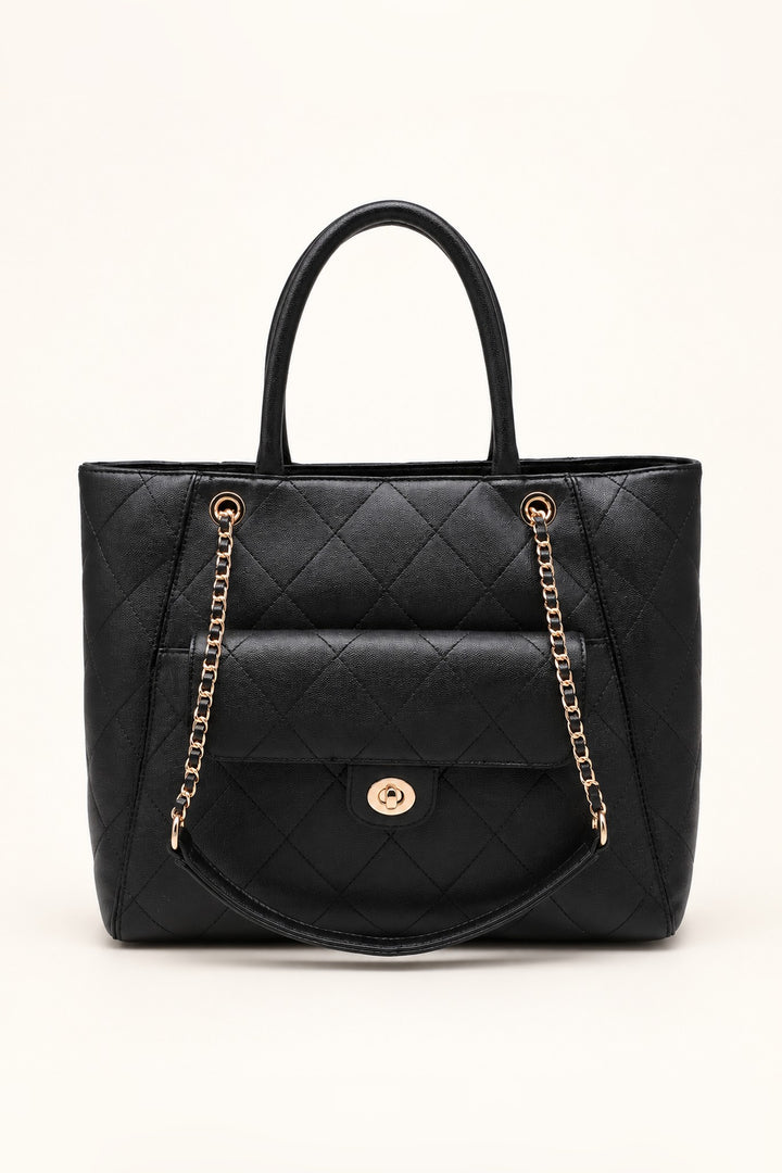 Black diamond-quilted Hank tote with gold turn-lock flap pocket and rolled top handles