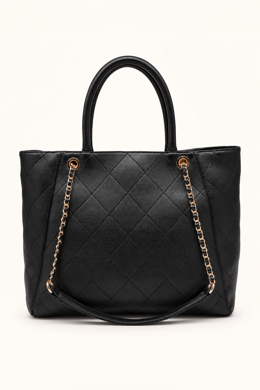 Back of the black diamond-quilted Hank tote
