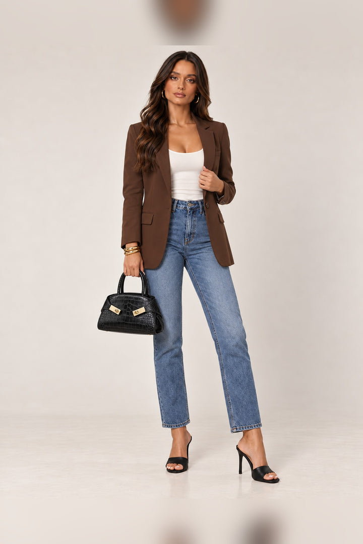 Black croc-embossed Fable crossbody styled with a full-length outfit