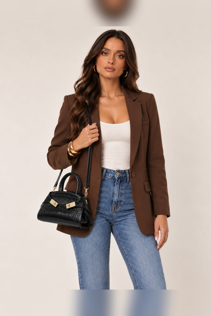 Black croc-embossed Fable crossbody worn on the shoulder by its slim strap