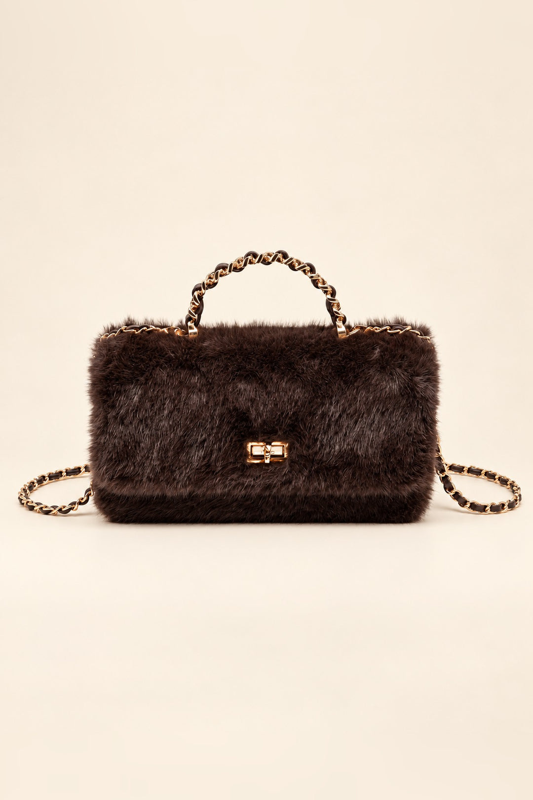 Chocolate brown faux fur Lulu crossbody with gold-tone turn-lock and braided chain handle