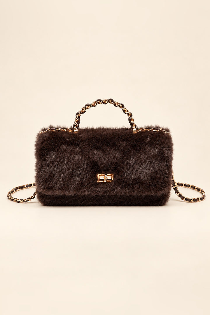 Chocolate brown faux fur Lulu crossbody with gold-tone turn-lock and braided chain handle