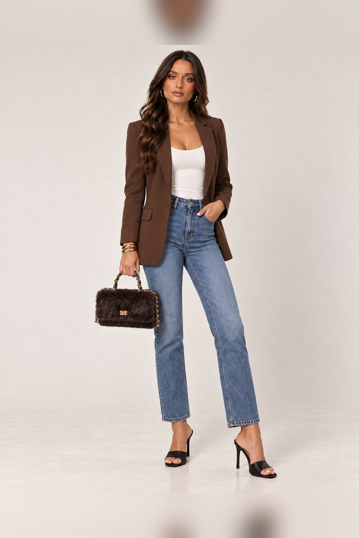 Chocolate brown faux fur Lulu crossbody styled with a full-length outfit