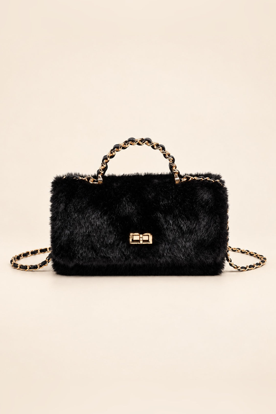 Black faux fur Lulu crossbody with gold-tone turn-lock closure and braided chain top handle