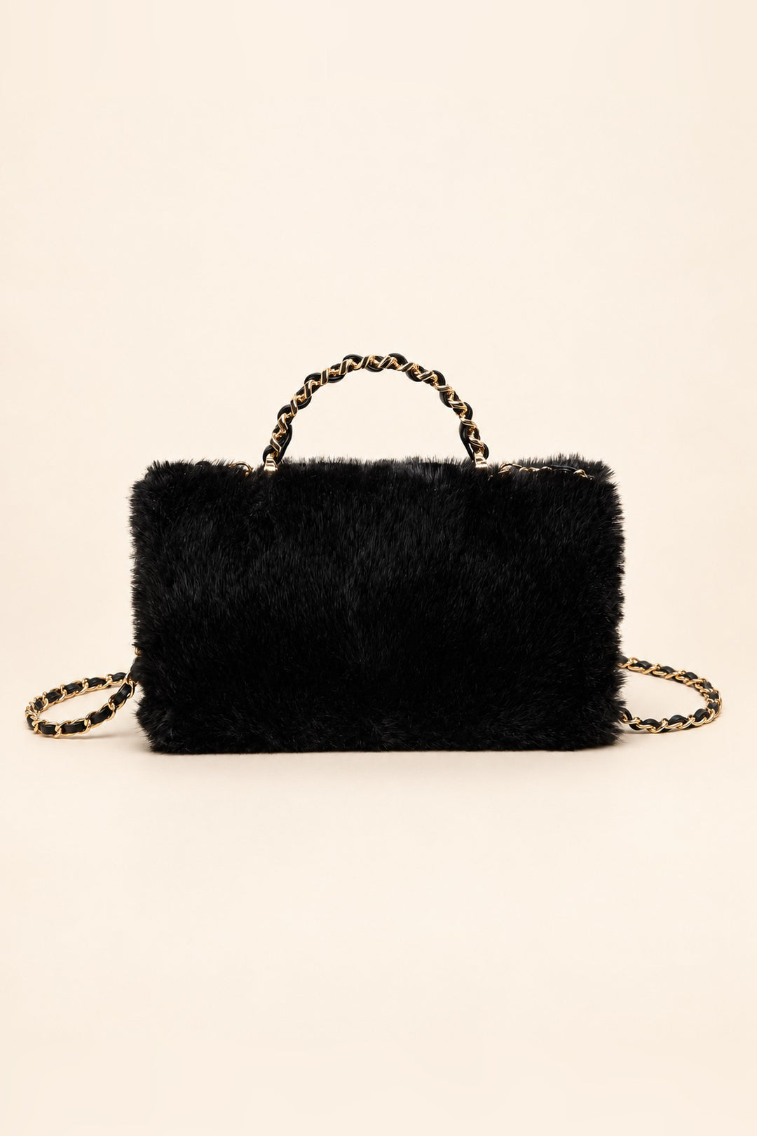 Back of the black faux fur Lulu crossbody with plush fur panel