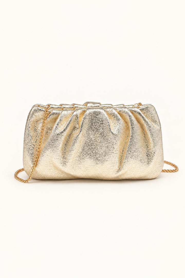 Gold Fancy Metallic Ruched Clutch — front