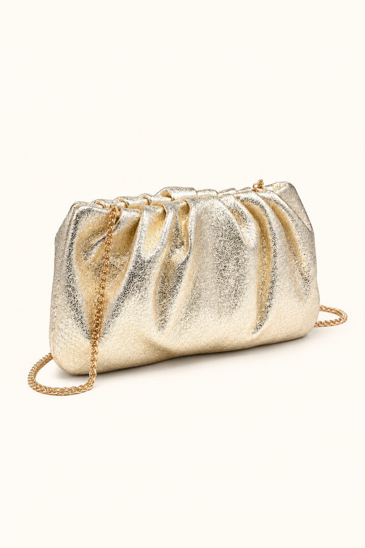 Gold Fancy Metallic Ruched Clutch — angle
