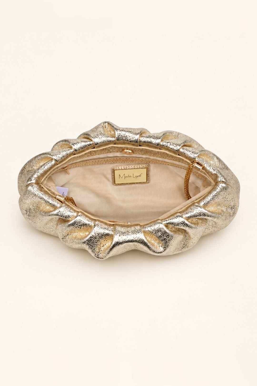 Gold Fancy Metallic Ruched Clutch — interior