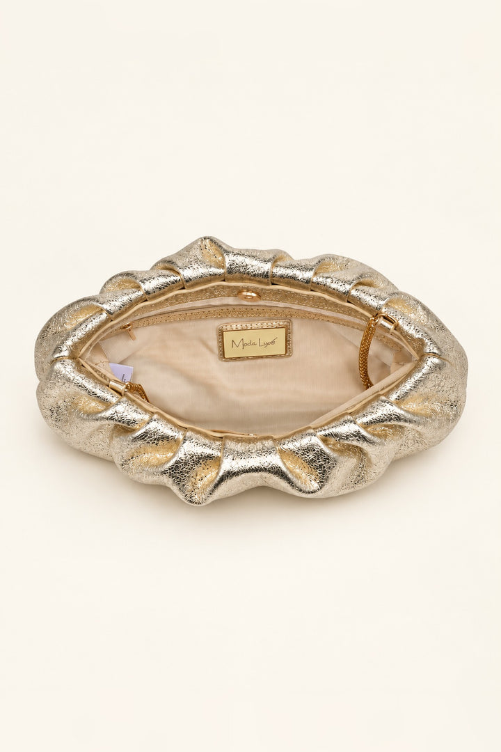 Gold Fancy Metallic Ruched Clutch — interior