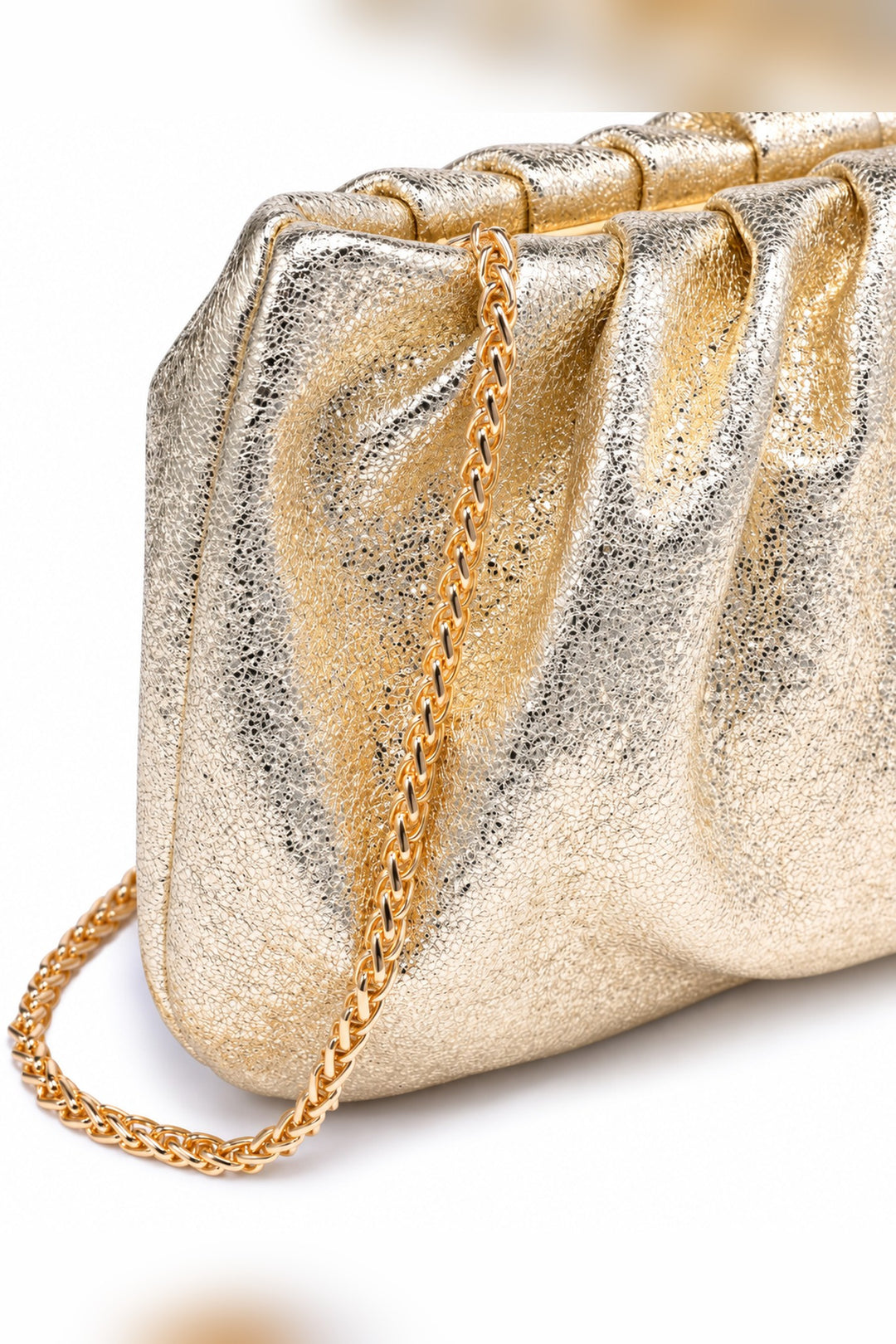 Gold Fancy Metallic Ruched Clutch — detail
