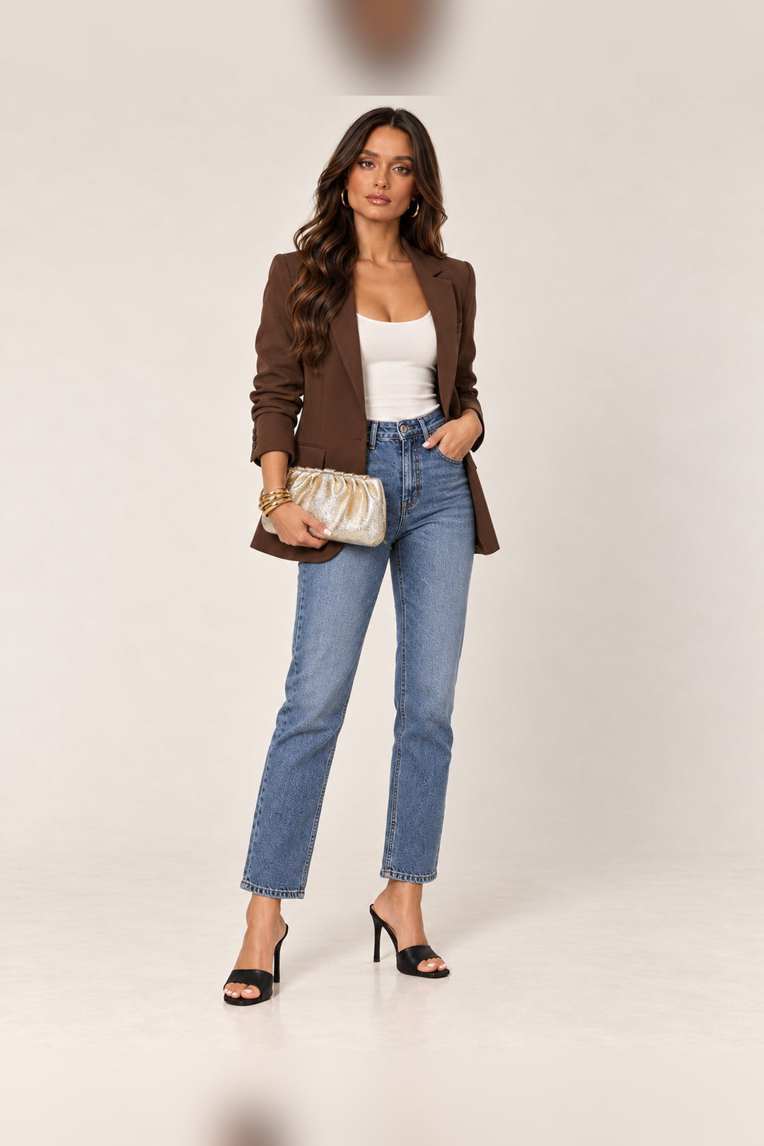 Gold Fancy Metallic Ruched Clutch — model full