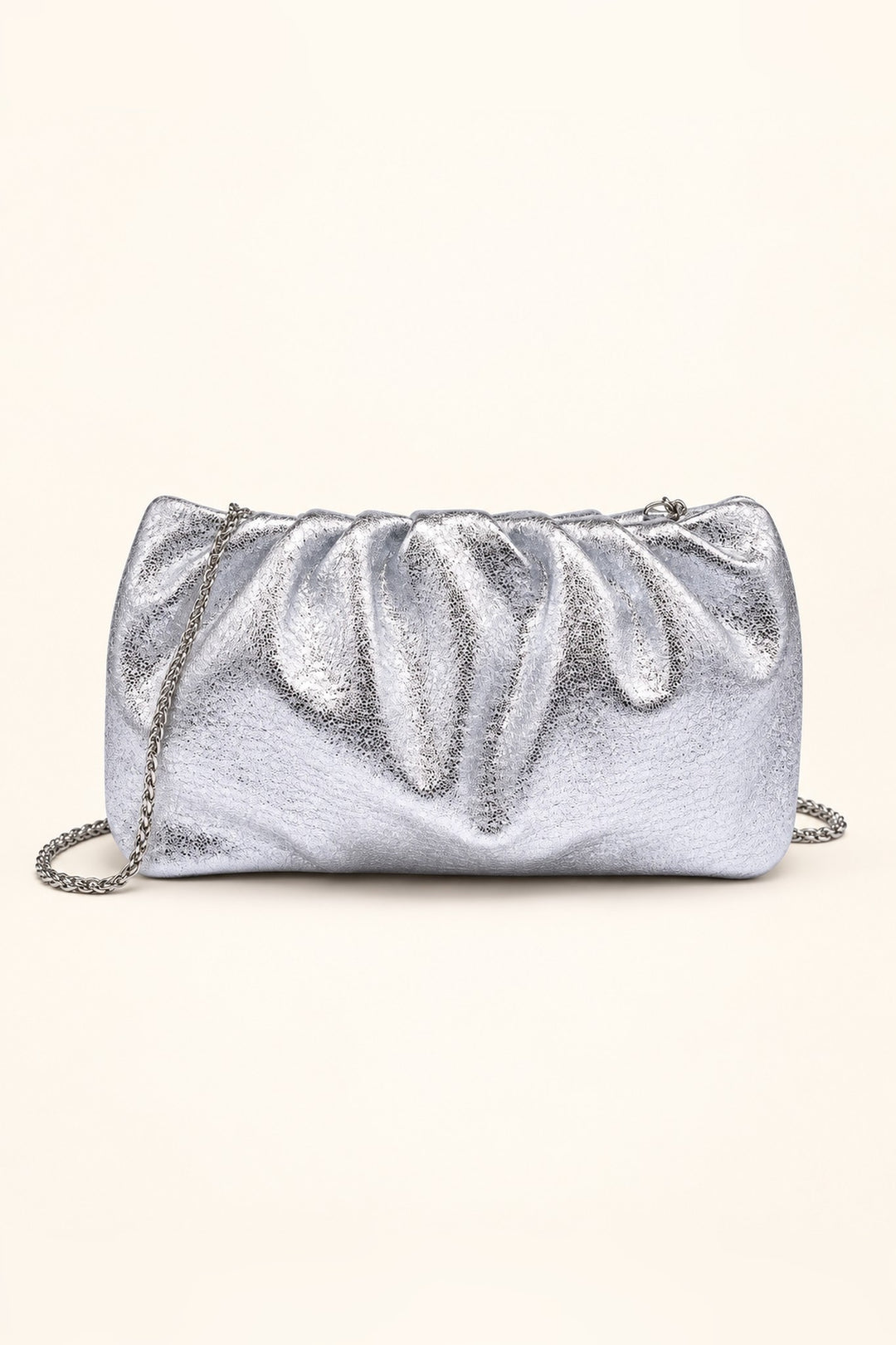 Silver Fancy Metallic Ruched Clutch — front