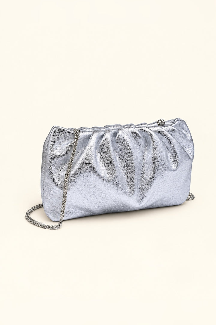 Silver Fancy Metallic Ruched Clutch — angle