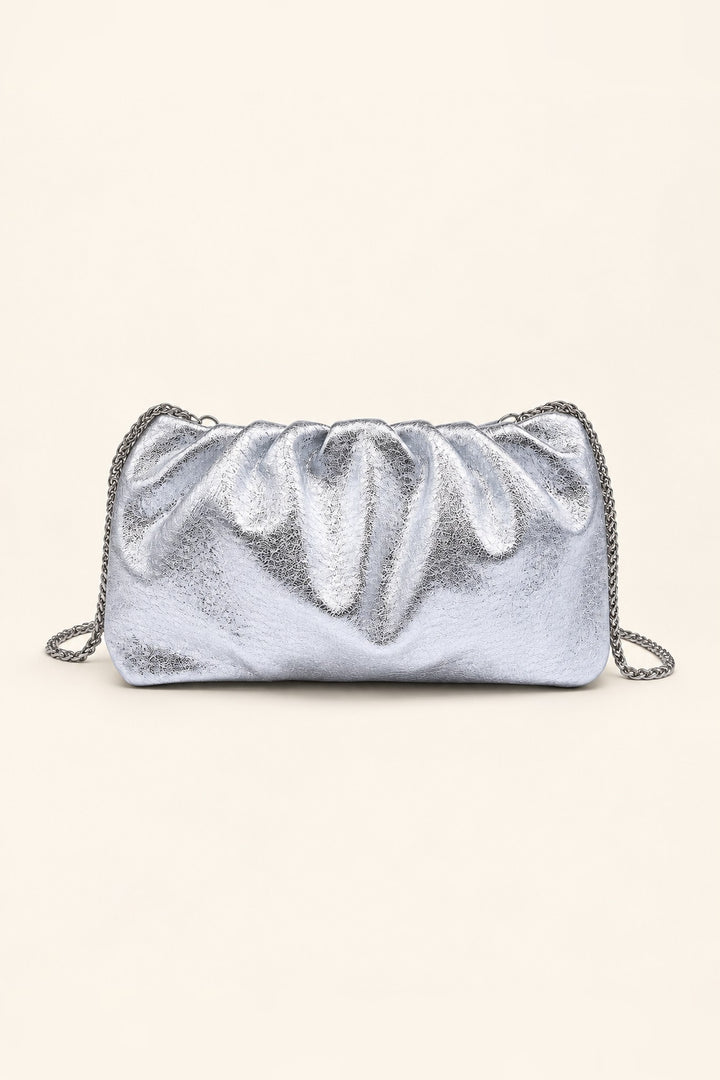 Silver Fancy Metallic Ruched Clutch — back