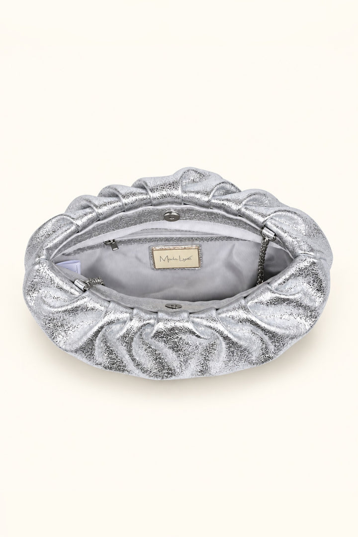 Silver Fancy Metallic Ruched Clutch — interior