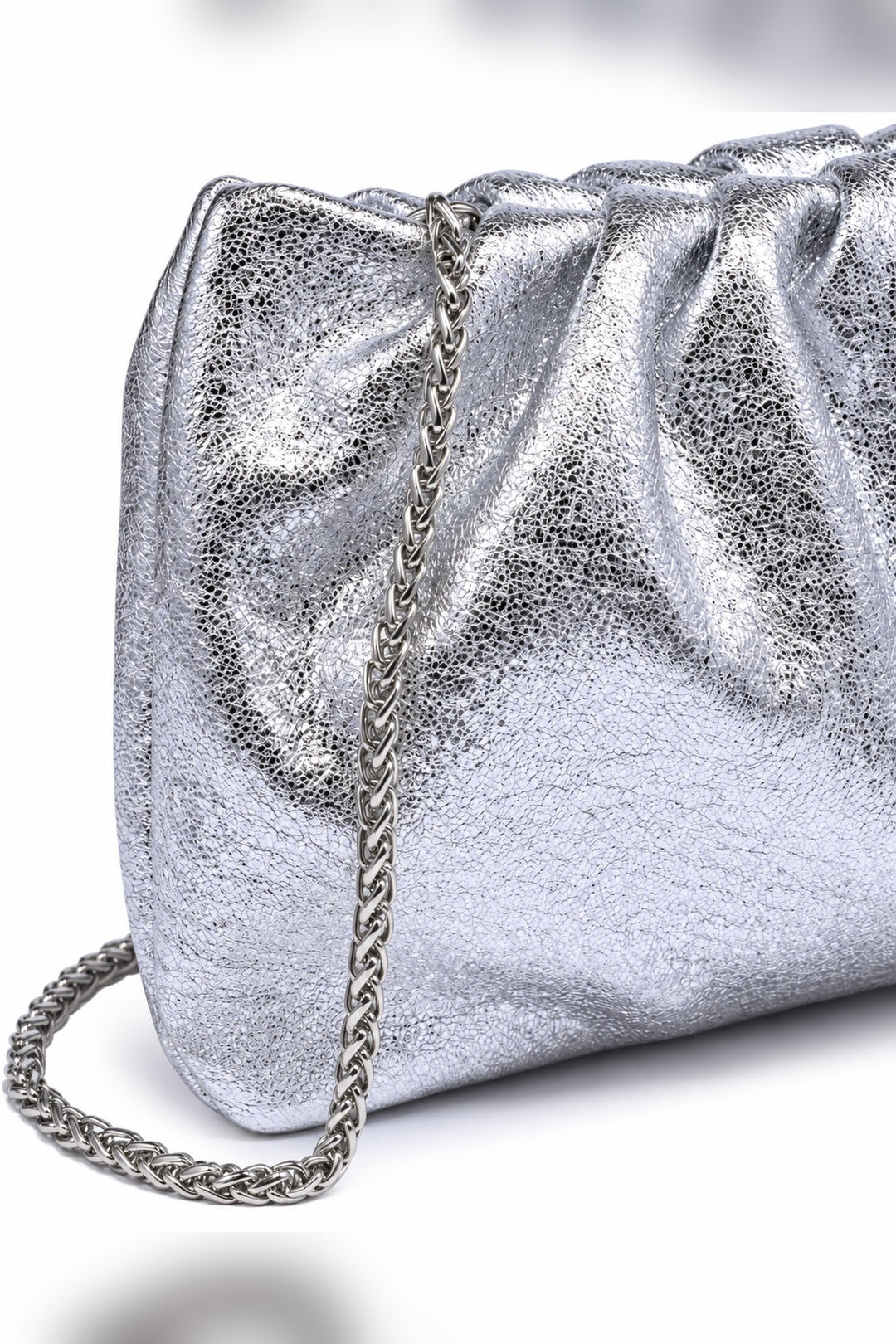 Silver Fancy Metallic Ruched Clutch — detail