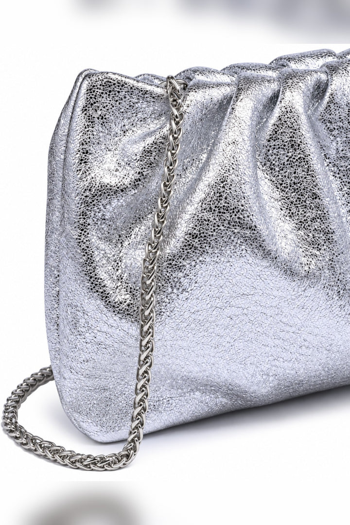 Silver Fancy Metallic Ruched Clutch — detail