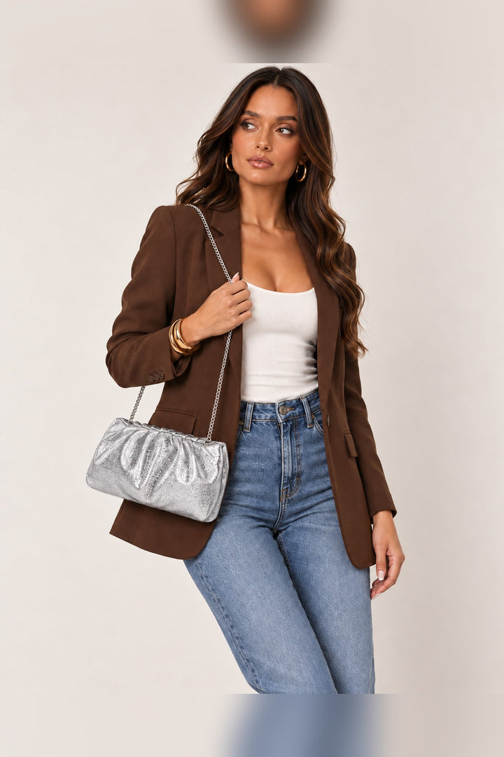 Silver Fancy Metallic Ruched Clutch — model shoulder