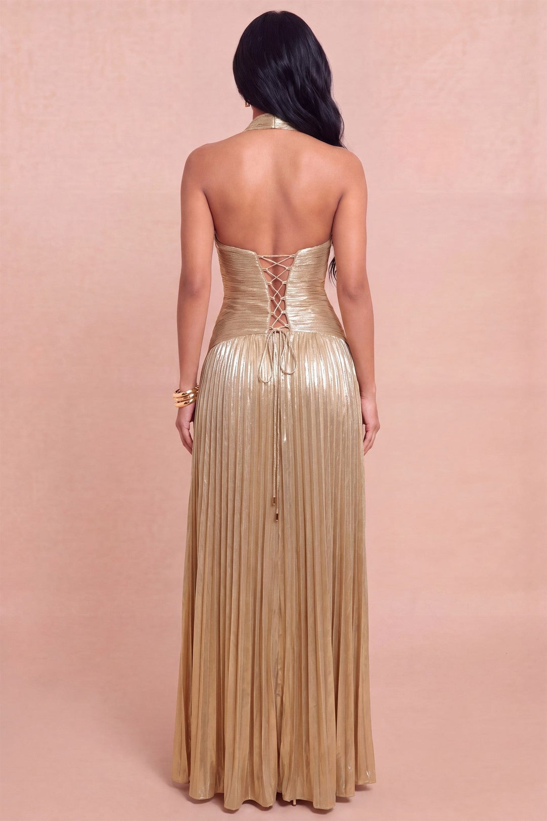 Back view of Luxxel champagne metallic gown with lace-up corset back