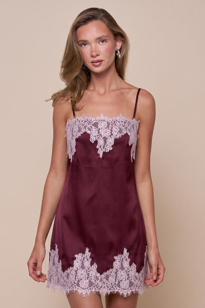Front view of Blue Blush wine pink lace-trim satin mini dress