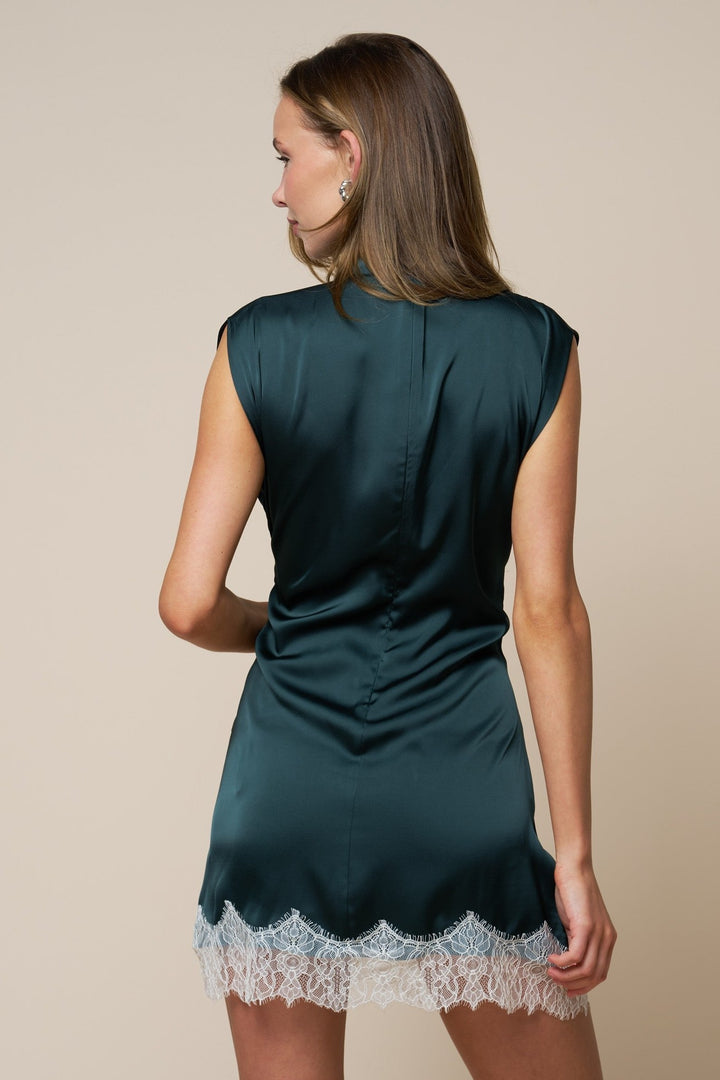 Back view of Blue Blush hunter green satin lace-trim mini dress