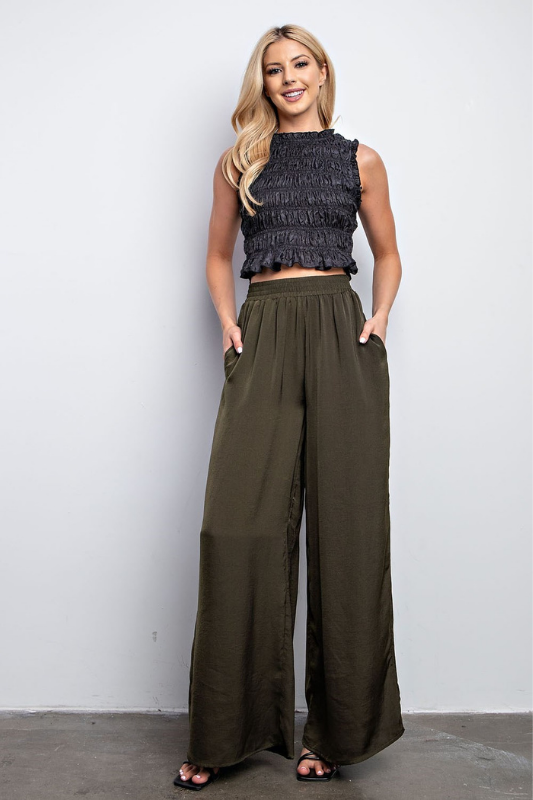 STYLED BY ALX COUTURE MIAMI BOUTIQUE Olive Waist Elastic Wide Leg Satin Pants