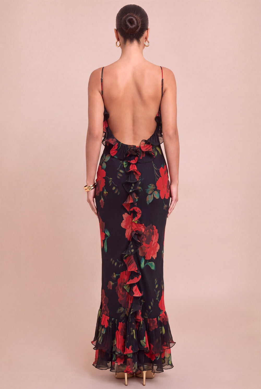 Open back of Luxxel black and red rose maxi dress with cascading ruffle