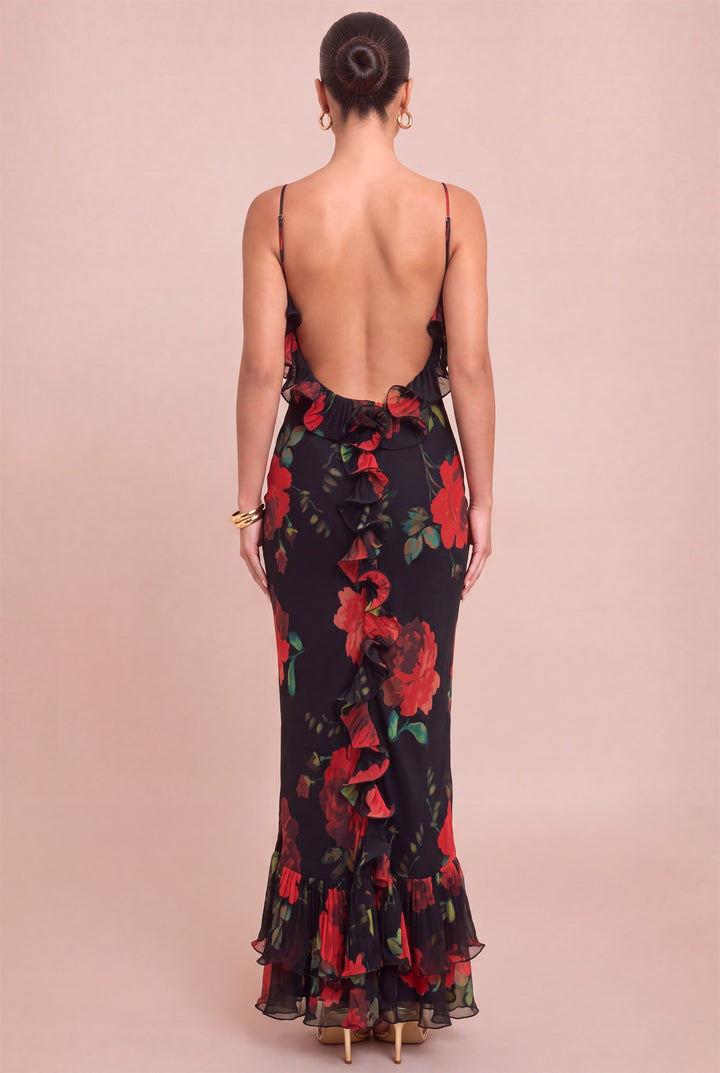 Open back of Luxxel black and red rose maxi dress with cascading ruffle