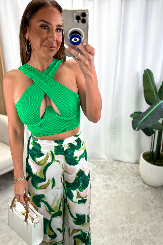 STYLED BY ALX COUTURE MIAMI BOUTIQUE Kelly Green Wired Cross Front Crop Tank