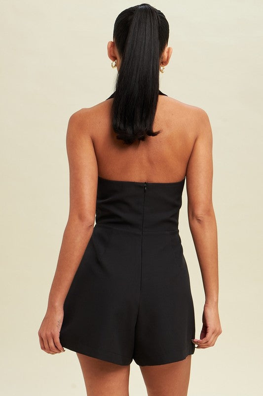 STYLED BY ALX COUTURE MIAMI BOUTIQUE Black Halter Tie Front Playsuit
