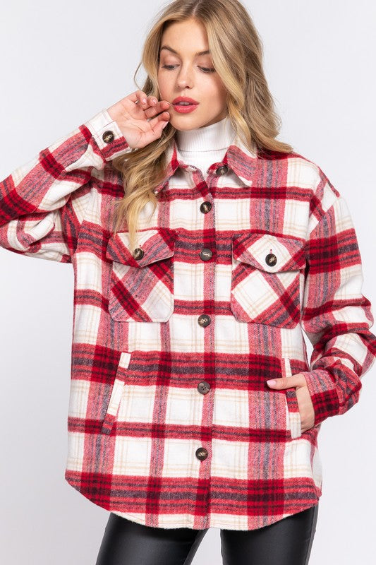 STYLED BY ALX COUTURE MIAMI BOUTIQUE Red Ivory Long Sleeve Wool Blend Plaid Jacket