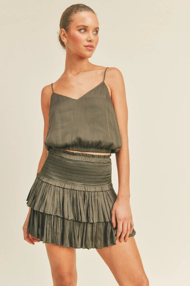 STYLED BY ALX COUTURE MIAMI BOUTIQUE Olive Silky Amore Top and Smock Skirt Set