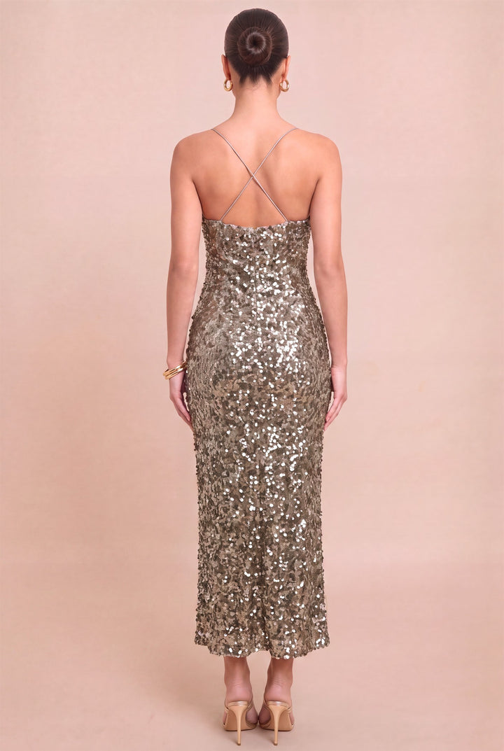 Back view of Luxxel mocha sequin midi dress showing crossed spaghetti straps