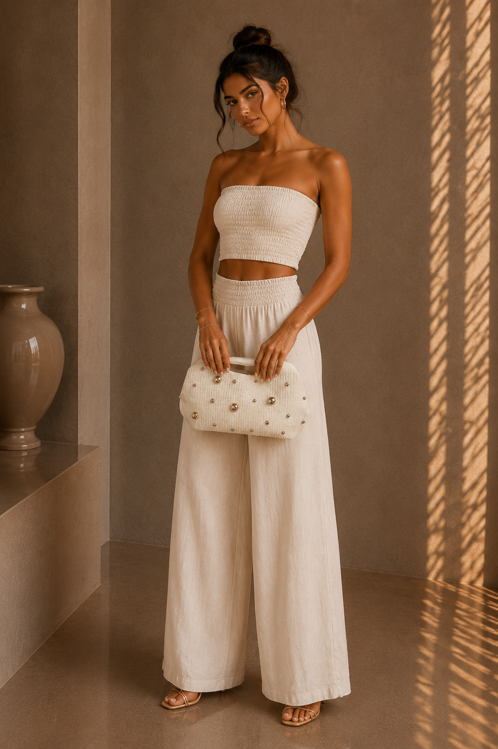 Woman in a white outfit holding a matching handbag in a sunlit room.