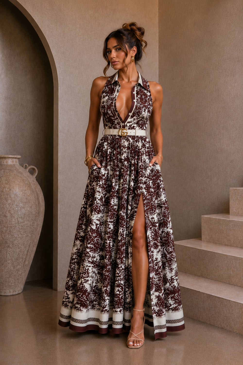 Woman in a floral dress standing in a room with a large vase and steps.