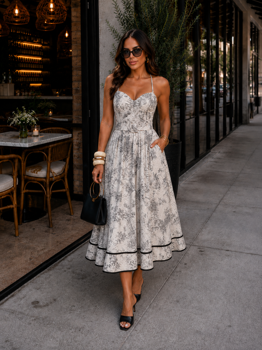 A woman models a sleeveless midi dress with a gray and white floral pattern, walking on a city sidewalk next to a storefront.