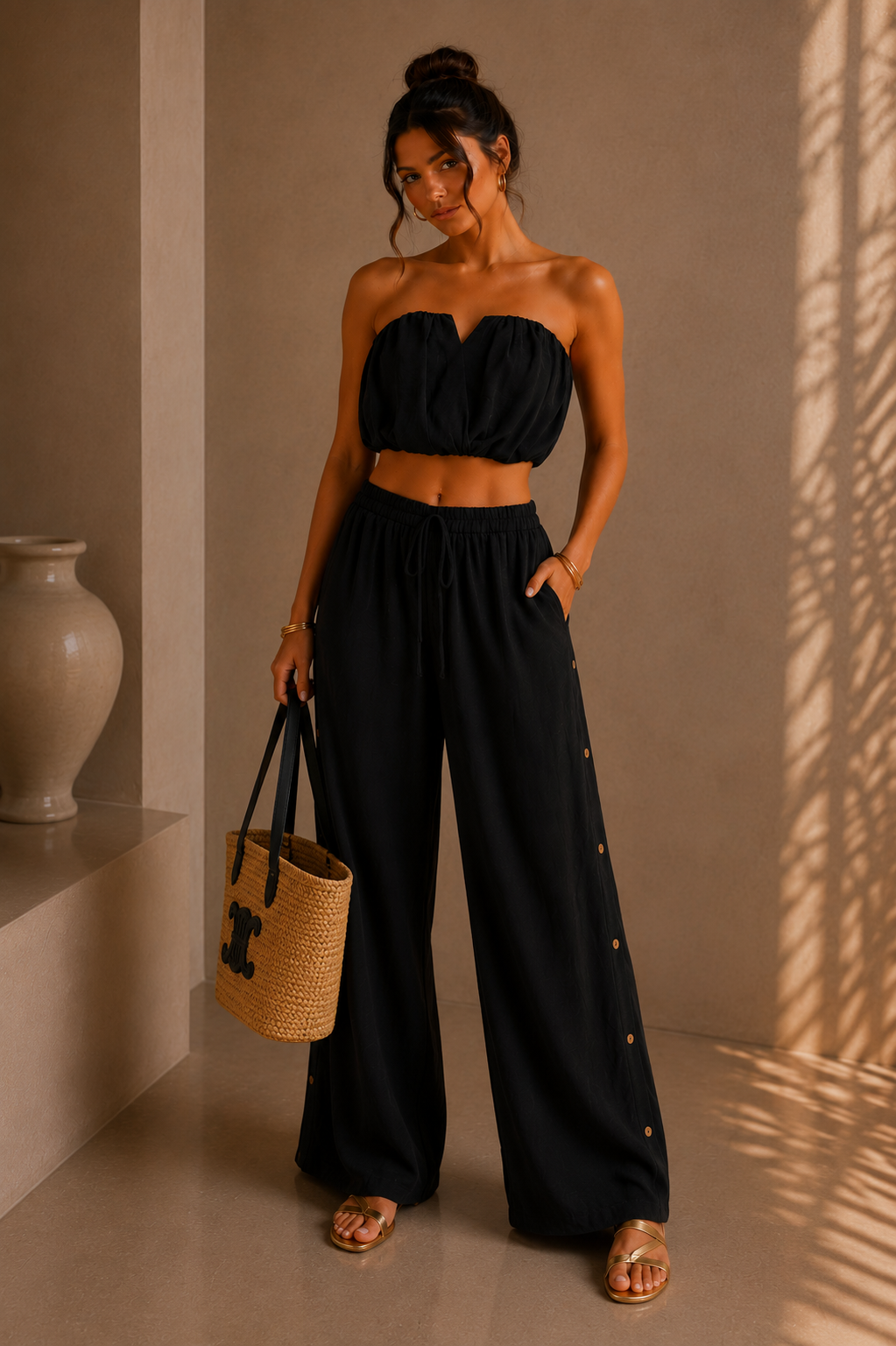 Woman in a black strapless top and wide-leg pants holding a woven bag indoors.