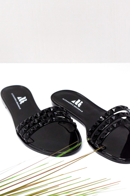 Aria B studded jelly slides with three straps across the toes. Shoes for vacations, beach or pool day sandals, you can wear them with any bottom and make it look chic 