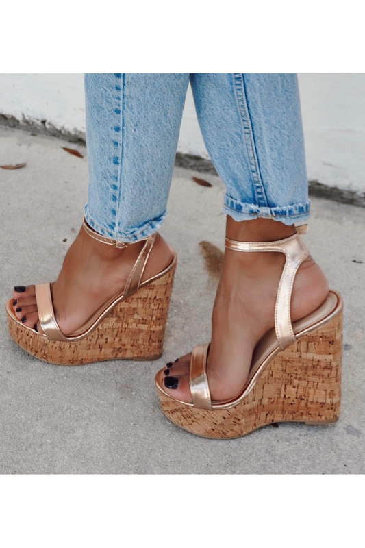 Amora Platform Cork Wedges in RoseGold STYLED BY ALX COUTURE MIAMI BOUTIQUE