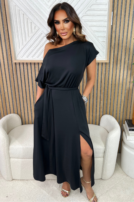 STYLED BY ALX COUTURE MIAMI BOUTIQUE Black One Shoulder Midi Dress