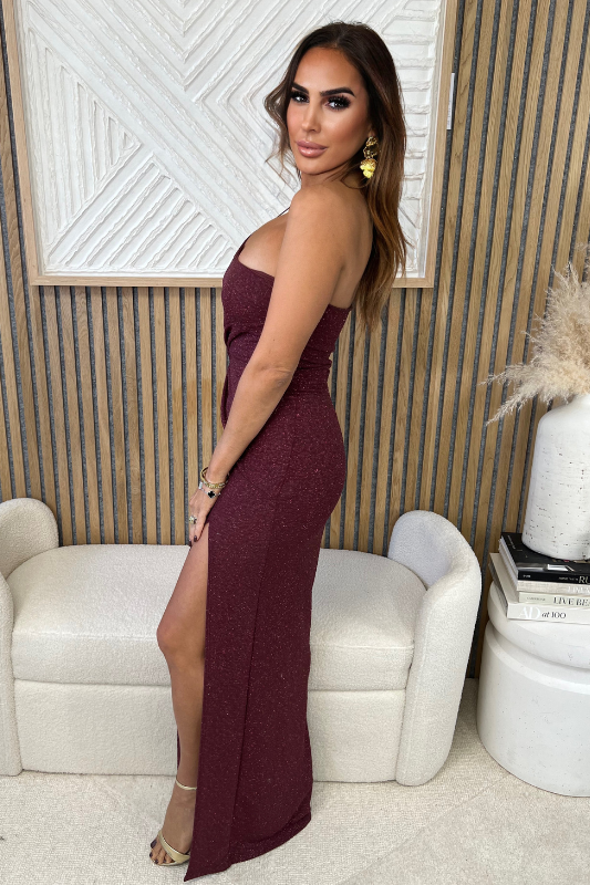 STYLED BY ALX COUTURE MIAMI BOUTIQUE Red Brown Glitter One Shoulder Maxi Dress Paired With Ali Gold Heels