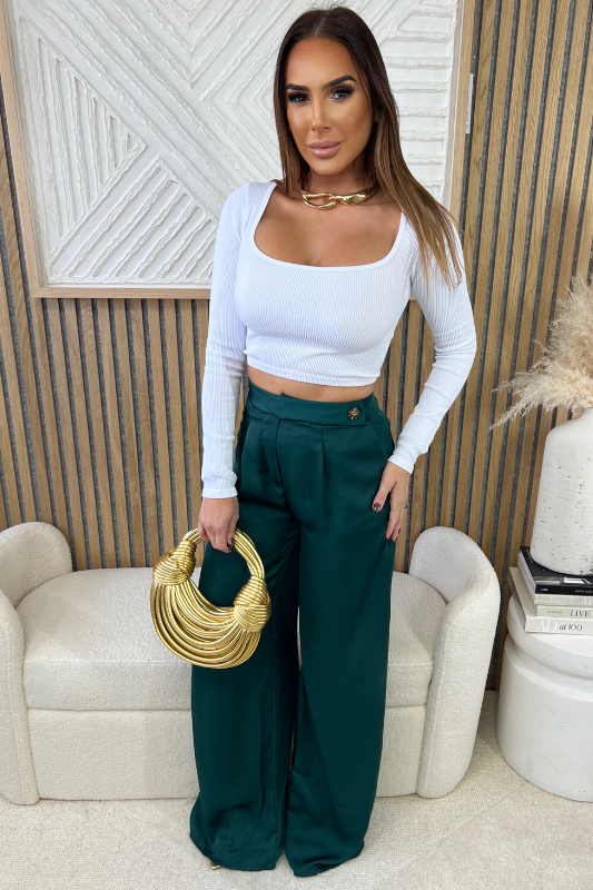 Long Sleeve Scoop Neck Ribbed Crop Top  Paired With Hunter Green Silky Smooth High Waisted Dress Pants,  Gold Asymmetrical Cross Chain Choker Necklace