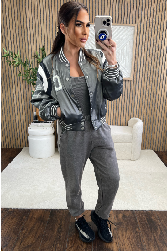 STYLED BY ALX COUTURE MIAMI BOUTIQUE Brown Ribbed Bodysuit and French Terry Joggers Paired With Green Gray Cropped Satin Bomber Varsity Jacket