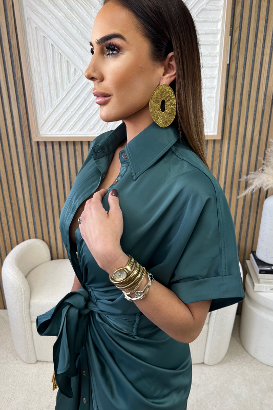 Dark Green Satin Button Front Tie Midi Dress Paired With Large Metal Geometric Disc Shape Earrings